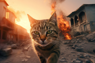 Cat fear pain eyes on burning flames background. Generate ai - yliv