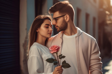 Young couple photo on valentine day. Cuddling lovers romantic date with flower gift. Generate ai - yliv