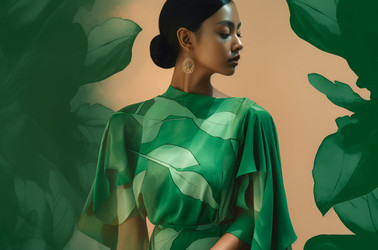 Posing woman in green elegant dress. Pretty female model looking away portrait photo. Generate ai - yliv