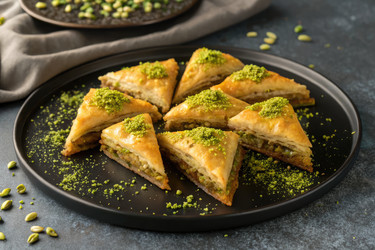 вкуснейшая пахлава с фисташками подается на черной тарелке - RomanZ