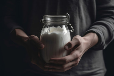 человеческие руки, держащие банку с молоком крупным планом. свежесть натурального молочного напитка. генеративный контент - yliv