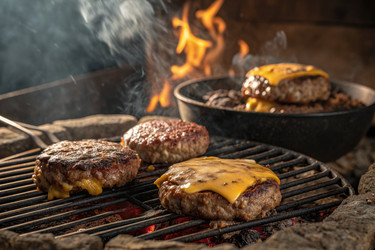вкусные бургеры, приготовленные на гриле на открытом огне в кемпинге вечером - RomanZ