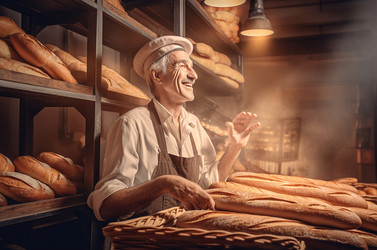Улыбающийся пекарь продает багеты в магазине. Работник пекарни-кустаря торгует хрустящими батонами. Генерировать искусственный интеллект - yliv