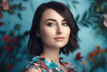 Beautiful Georgian brunette girl on blue floral background. Trendy lady in vibrant colorful cloth. Generate ai - yliv