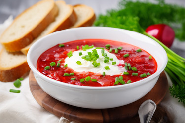 Tasty borscht with sour cream served. Generate Ai - yliv