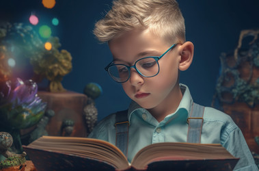 Мальчик читает книгу с помощью луча света. Маленький читатель с интересным сборником рассказов о знаниях. Генерировать искусственный интеллект - yliv