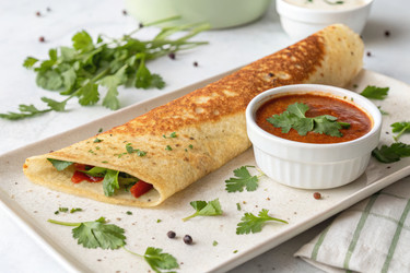 вкуснейшая доса со свежей зеленью и острым соусом подается на тарелке - RomanZ