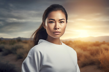 Женщина-модель в простом белом платье Gildan natural outdoor portrait. Женский манекен в простом коллекционном наряде. Генерировать искусственный интеллект - yliv