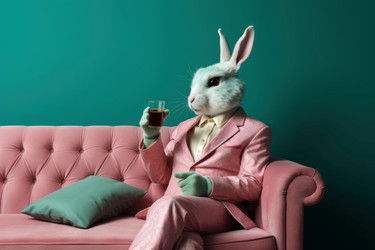 Bunny tea suit. Anthropomorphic and funny rabbit resting soft couch. Generate AI - yliv