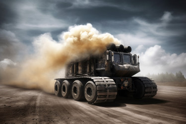 Smoke dust vehicle handcrafted. Sun vehicle road truck drive. Generate ai - yliv