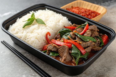 вкуснейшая жареная говядина с овощами и белым рисом, приготовленным на пару, подается на вынос - RomanZ