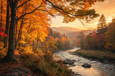 потрясающий осенний пейзаж с яркой листвой вдоль тихой реки - RomanZ