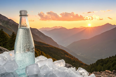бутылка с газированной водой, окруженная льдом, на закате в горах - RomanZ