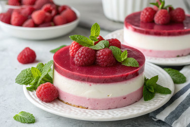вкусный десерт из малинового мусса со свежими ягодами и листьями мяты - RomanZ