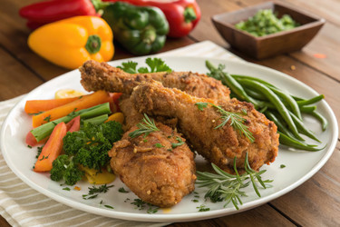 вкусная жареная курица подается со свежими овощами и зеленью на тарелке - RomanZ