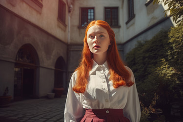 Red hair girl cinematic photo. Person summer city street shot. Generate Ai - yliv