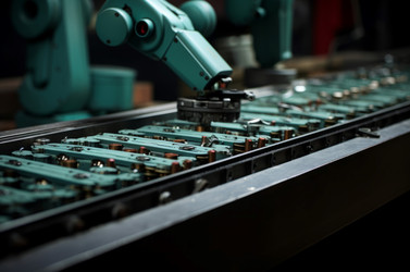 Robot conveyor belt. Automatic factory production machinery chain. Generate ai - yliv