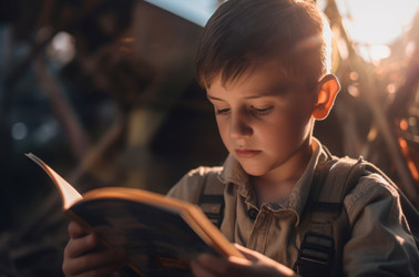маленький ребенок читает книгу на улице. генеративный контент - yliv
