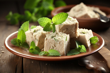 тарелка с кусочками вкусной халвы и мятным кондитерским изделием. генеративный контент - yliv