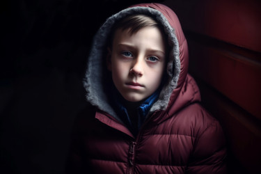 Sad boy jacket. Unhappy and toddler child with thoughtful serious look. Generate AI - yliv