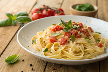 вкусное блюдо из пасты со свежими помидорами и базиликом на деревянном столе - RomanZ