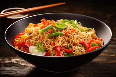 вкусная лапша быстрого приготовления с овощами в миске для еды. простая азиатская кухня. генеративный контент - yliv