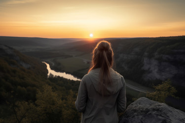 женщина, живописная природа на закате, вид сзади. генеративный контент - yliv