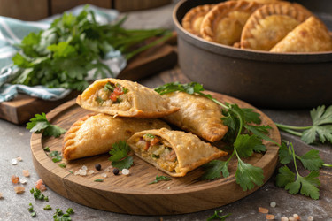 вкусная пикантная выпечка на деревянной доске с зеленью и специями - RomanZ