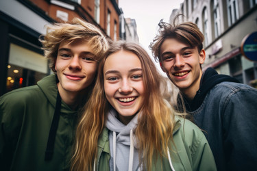 Happy teenagers posing on city street funky. Casual funky urban pose. Generate Ai - yliv