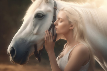 Woman hugging white horse portrait. Gentle recreational equestrian animal with lady cuddling. Generate ai - yliv