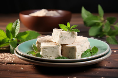 Тарелка с кусочками вкусной халвы и мятой на тарелке. Генерировать искусственный интеллект - yliv