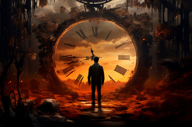 Human silhouette in front of big transparent fiery clock. Mystic orange sky with waste time concept. Generate ai - yliv