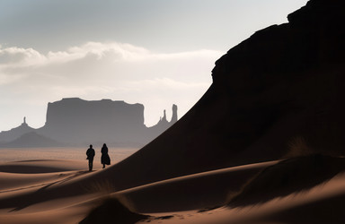 Silhouette Navajo man. Two silhouettes exploring carless sand dunes. Generate AI - yliv