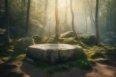 Flat stone podium in forest. Rocky stage in enchanting illuminated wild forest. Generate ai - yliv
