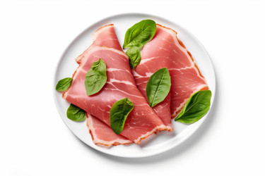 ломтики вкусной ветчины и питательные листья базилика. генеративный контент - yliv