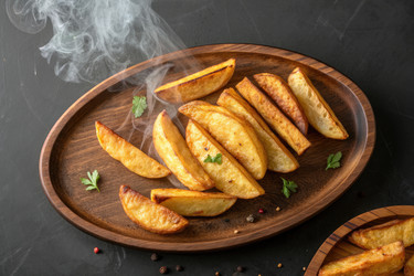 вкусные золотистые запеченные картофельные дольки подаются на деревянном блюде - RomanZ