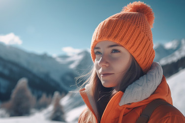 улыбающаяся девушка в оранжевой шляпе в зимних горах. снежная природа за пределами туристического похода. генеративный контент - yliv