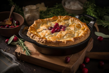 вкусный пирог с индейкой и клюквой на деревянной доске. генеративный контент - yliv