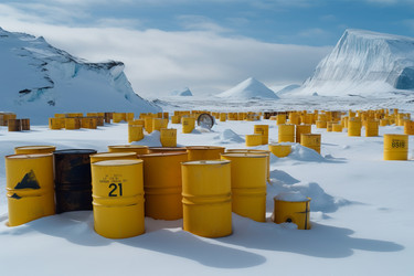 Radioactive waste in Antarctica. Dangerous explosive yellow container on frozen glacial surface. Generate ai - yliv