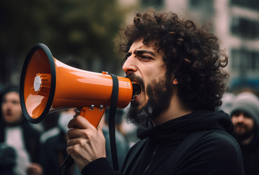 мужчина с мегафоном протестует на улице. генеративный контент - yliv