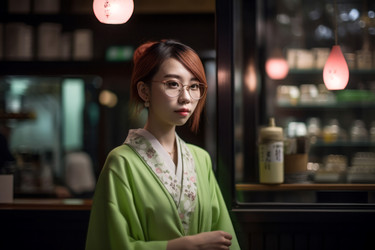 Young woman in matcha shop. Generate ai - yliv