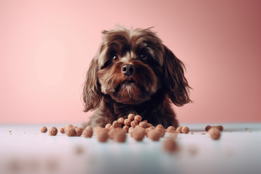 Dog head with dry food on table. Generate ai - yliv