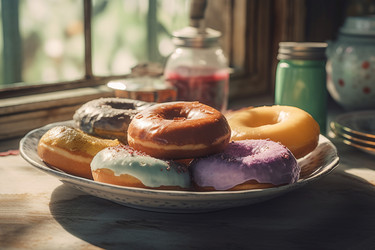 Homemade baked colorful glazed donuts platter. Yummy delight sweet doughnut rings. Generate ai - yliv