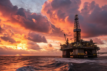 вид на морскую нефтяную вышку на закате среди ярких облаков и океанских волн - RomanZ