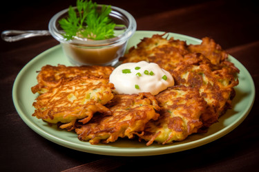 хрустящие картофельные оладьи со сметаной. вкусная изысканная еда для гурманов. генеративный контент - yliv