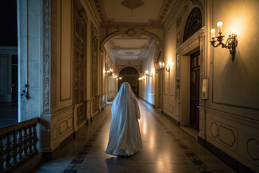 таинственная фигура в историческом коридоре, одетая в белое ночью - RomanZ
