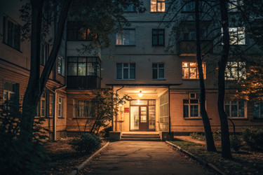 уютный вечер в многоквартирном доме с теплыми огнями, проникающими в окна - RomanZ