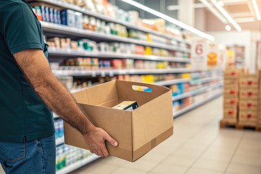 работник продуктового магазина несет картонную коробку с продуктами по проходу - RomanZ