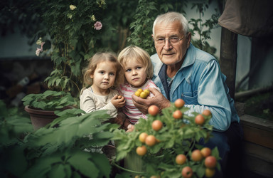 Grandfather with grandchildren in garden. Summer nature leisure male happy. Generate Ai - yliv