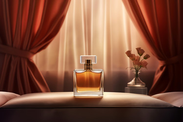 Perfume product with curtains background. Female cosmetics new fragrance presentation. Generate ai - yliv